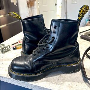 US Size 9 Women’s Doc Martens, classic yellow stitch, all black leather